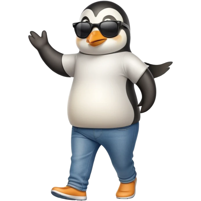 friendly anthropomorphised penguin in jeans and a t-shirt, wearing dark sunglasses, jogging upright, relaxed pose emoji