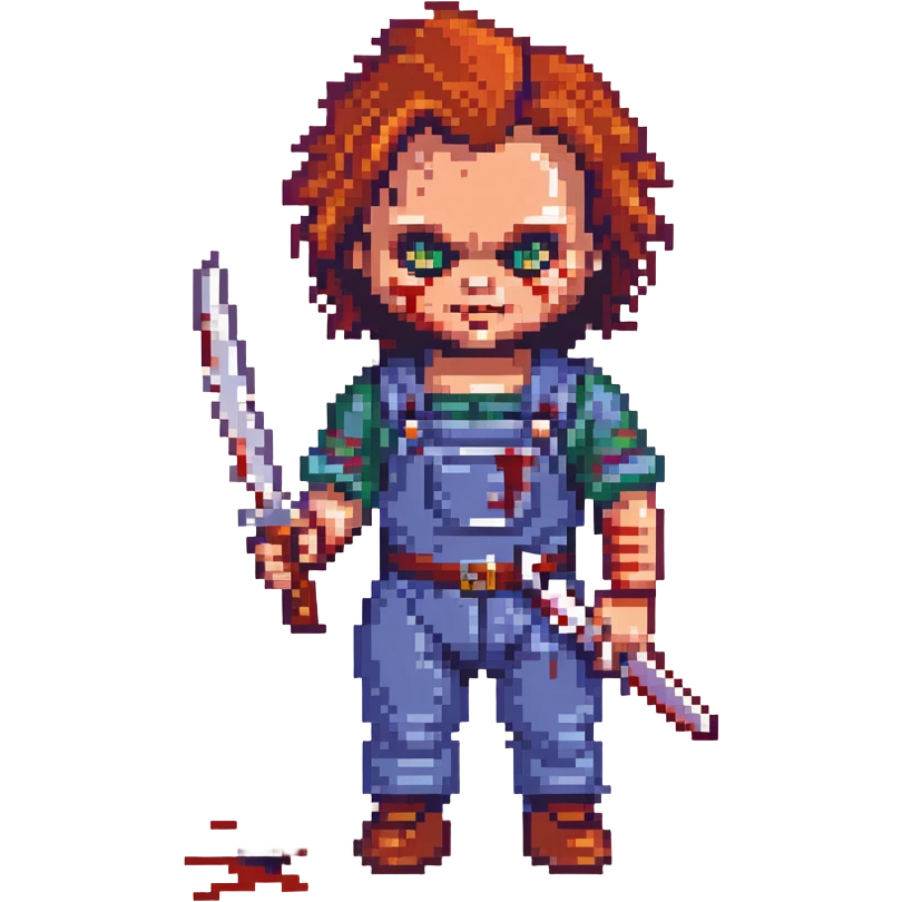 Chucky doll holding a bloody knife, horror style emoji