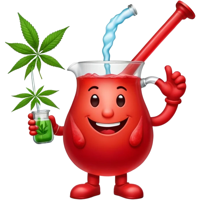 Kool-Aid Man pitcher character with legs and arms holding a bong with a cannabis leaf emoji