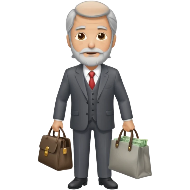 Un hombre con traje, de unos 60 años con barba, pelo largo, sin gafas y con una bolsa de dinero, importante, con traje de negocios y sin gafas  emoji