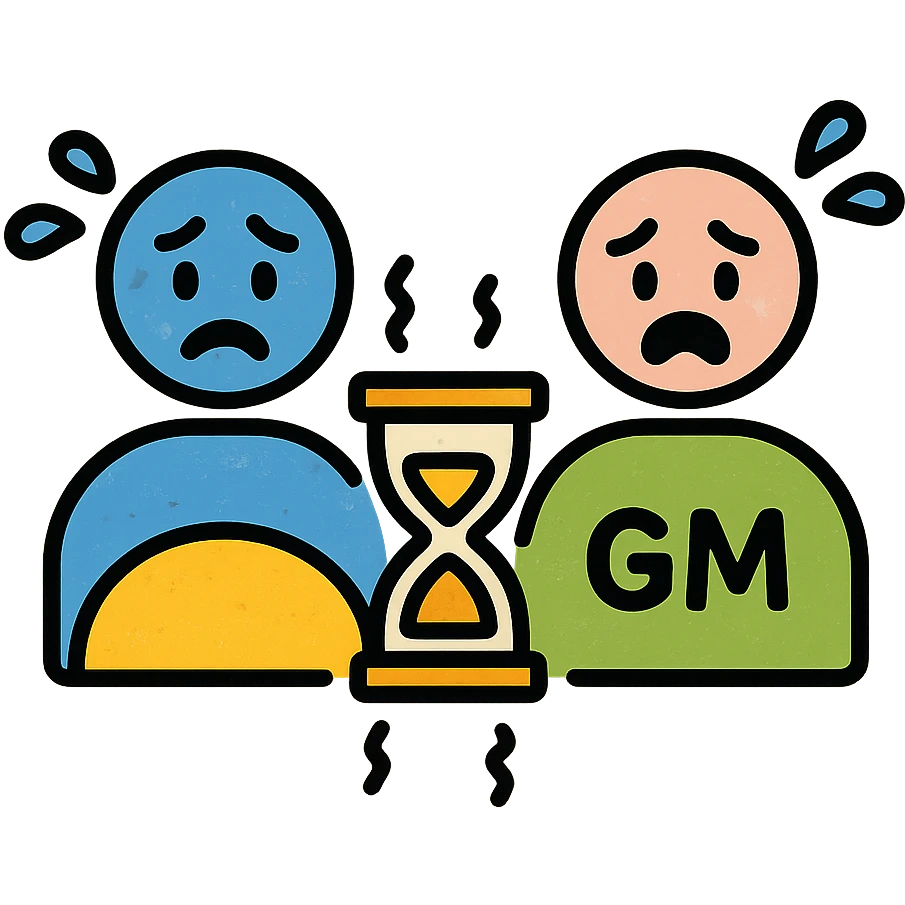 ultra-minimalist icon of two simple figures representing player and GM side by side, trembling clock or hourglass, extremely worn and eroded texture, anxious and stressed expressions, sense of terror emoji