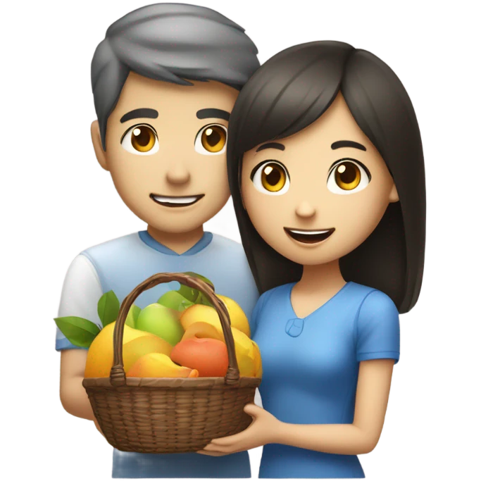 Asian girl giving fruit basket to white man with blue eyes emoji