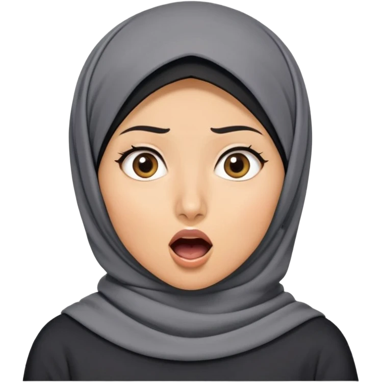 người phụ nữ 30 tuổi, da vàng, đội khăn hijab, tóc ngắn màu đen, mặt biểu cảm ngạc nhiên, mồm mở rộng hình chữ O, áo màu xám đậm, nửa thân trên emoji