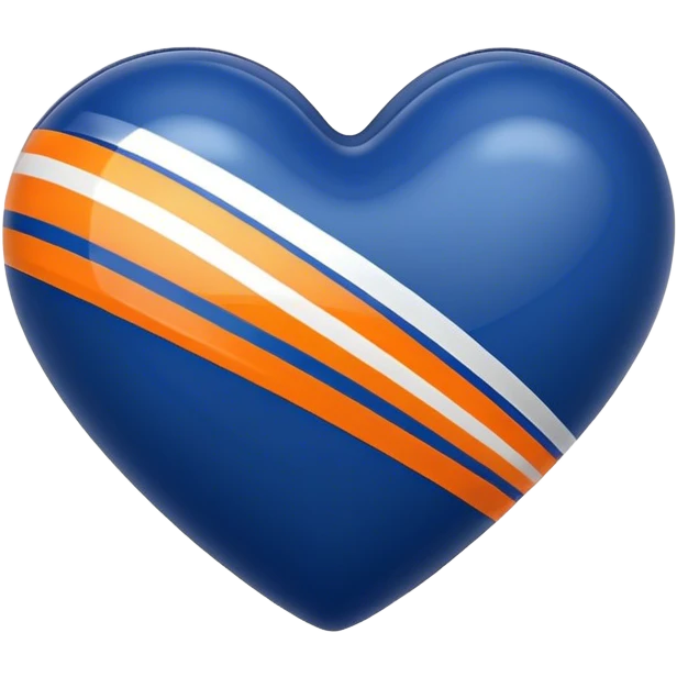 Glossy dark blue heart with straight orange athletic stripes going down one side emoji