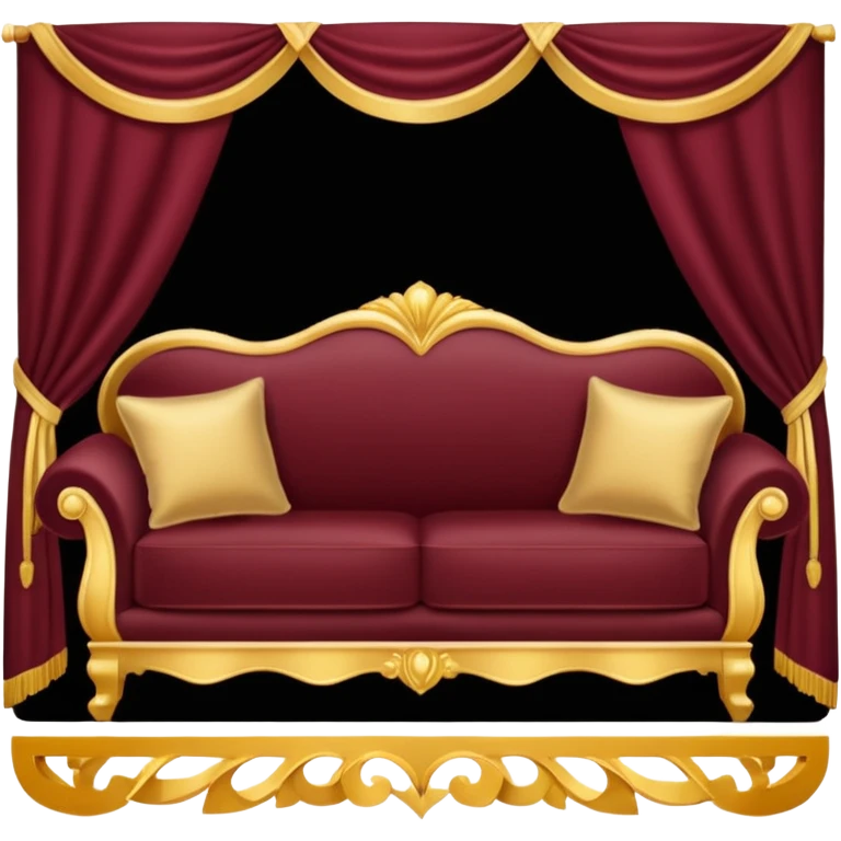 burgundy couch, with luxurious gold and black decorative pillows emoji
