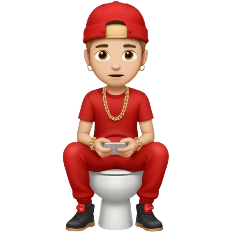 Full-body cartoon emoji of a young man with red sideways cap, short fade, gold chain, nose ring, sitting on a toilet holding his phone, pants down, relaxed expression” emoji