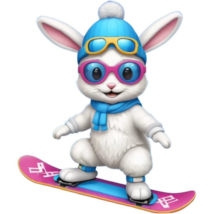 A bunny on a snowboard in blue wearing ski goggles and making party emoji