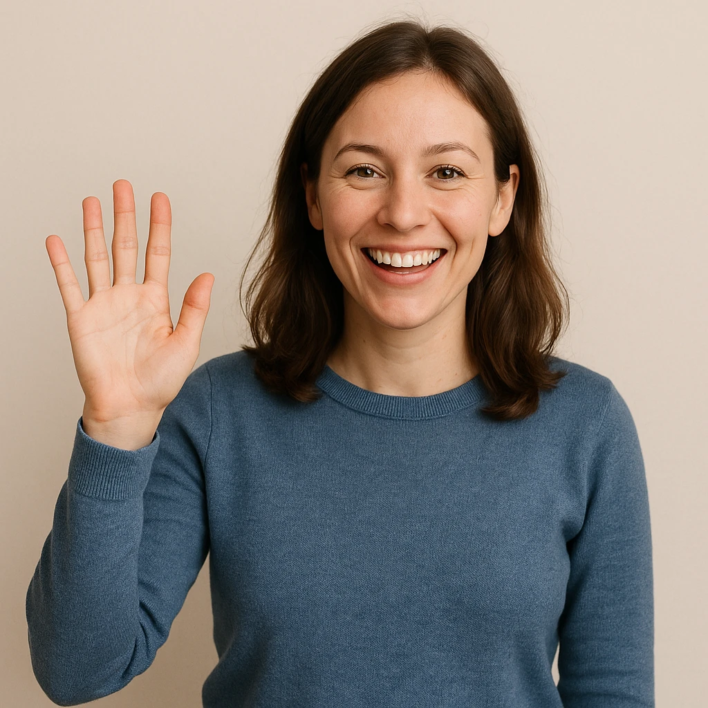 woman waving hello, open hand, smiling, simple background emoji