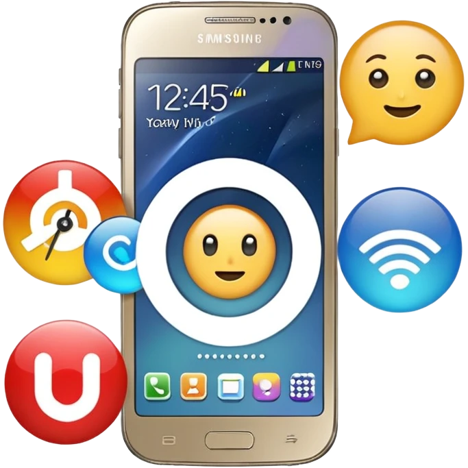 Samsung Galaxy phone with app icons, time, Wi-Fi emoji