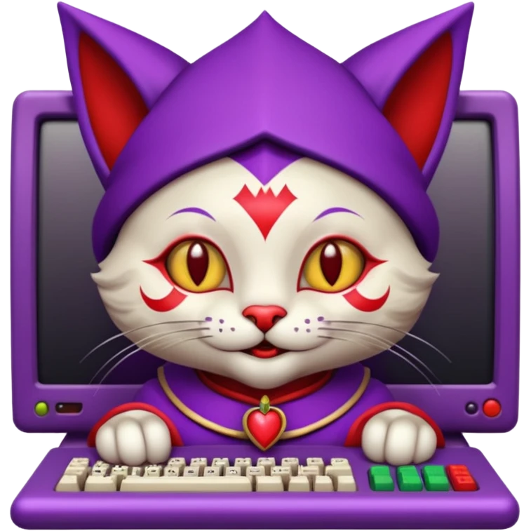 crazy colorful cute little cat jolly joker from poker, medieval, vintage, court jester, mac os icon, purple and red color, half body. The cat is represented as Code inside a retro computer terminal emoji