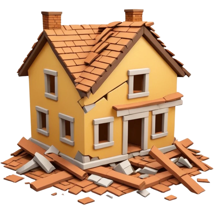 3D iPhone style emoji of a collapsed house, broken walls and roof pieces scattered, debris and ruins visible, isolated on white background, soft shadows, high detail, playful and cute. emoji