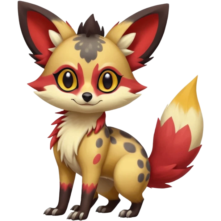 Rare realistic cool cute epic aesthetic colorful Fennekin-Zorua-Civet-Genet-species-Fakemon-hybrid-creature, with splotch markings, full body emoji