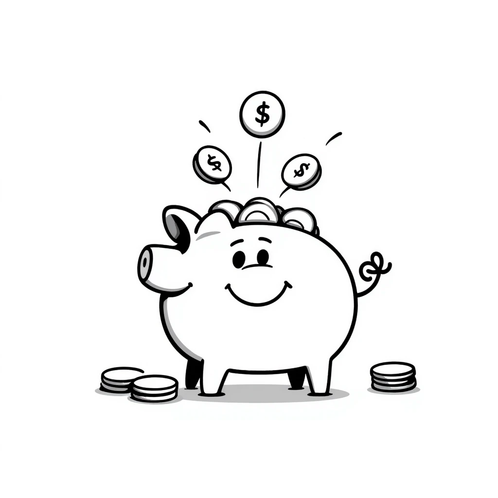 cartoon piggy bank bursting with coins, goofy and playful emoji