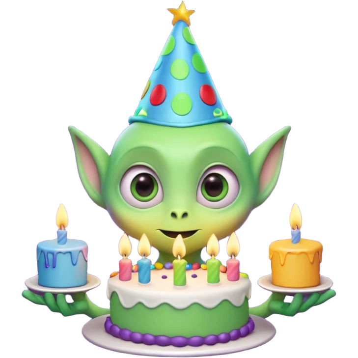 A cute friendly alien holding a birthday cake with candles, big expressive eyes, bright colors, cartoon style, playful atmosphere, 3D animated look, Pixar-inspired, highly detailed
 emoji