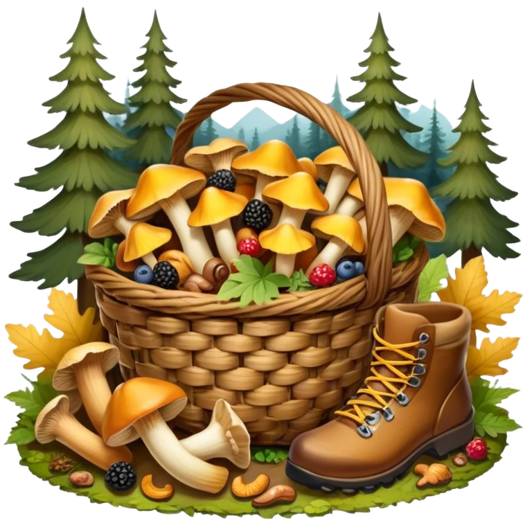 Icon for Mushroom and Berry Tourism: a basket filled with mushrooms chanterelles, boletus and aspen and berries, surrounded by forest elements like trees, leaves and a hiking boots. The icon should capture the joy of foraging in nature. Transparent background. emoji
