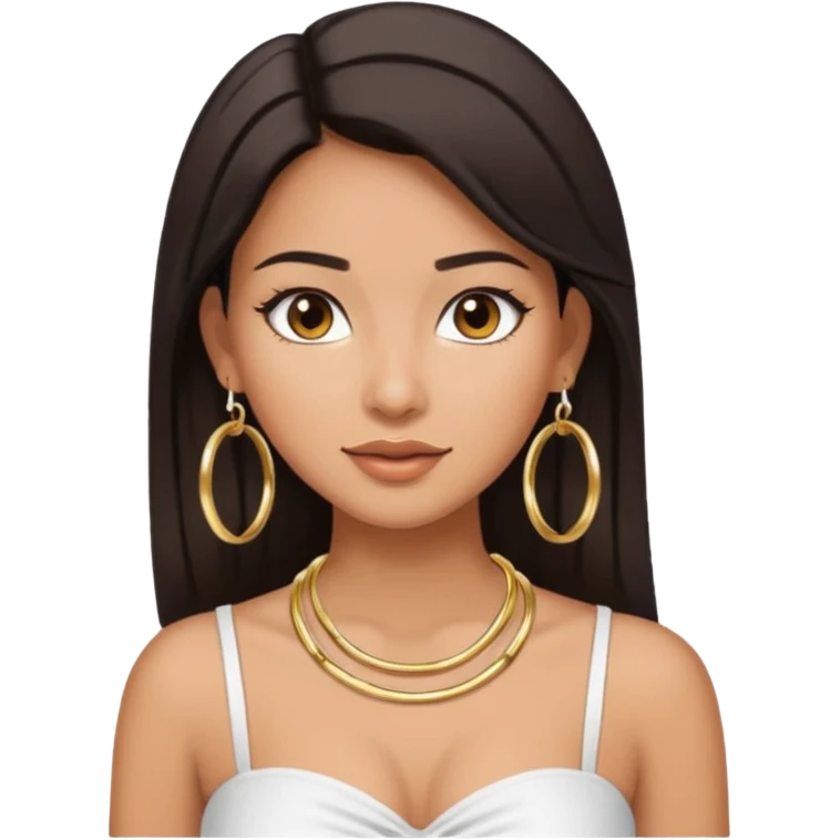 latina makeup olsun, saçları düz, halka küpeler büyük gümüş renginde olsun, kolye taksın ve beyaz bir Bandeau top kıyafet giyisin emoji
