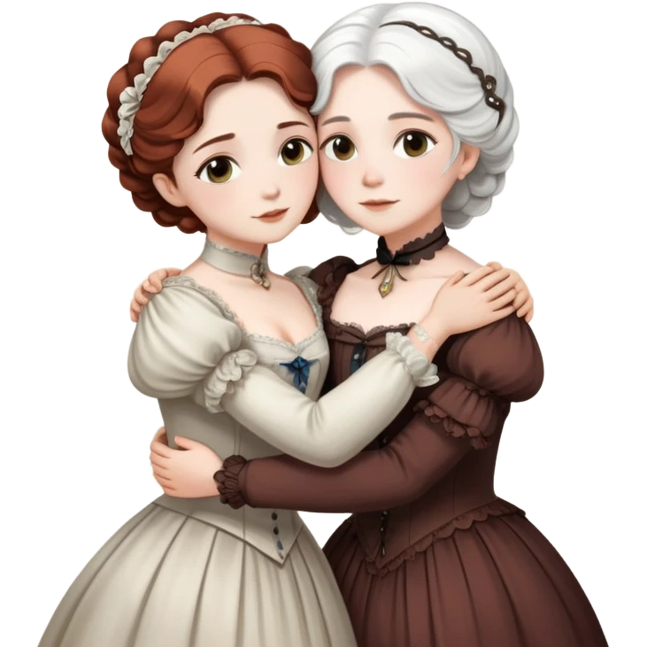 Two Victorian era women hugging each other closely, one with white hair and one with dark copper colored hair, both wearing Victorian period dresses emoji