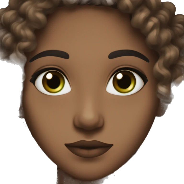 curly hair dark brown, brown eyes with a hint of green, eyes negative canthal tilt ,medium thick shaped eyebrows in dark brown, and thin lips emoji