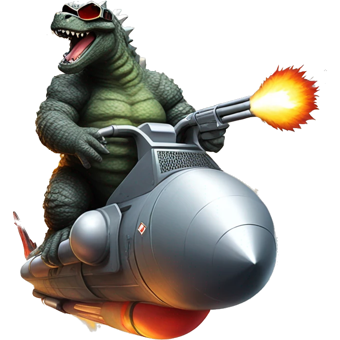Godzilla with shotgun wearing sun glasses while riding a rocket  emoji