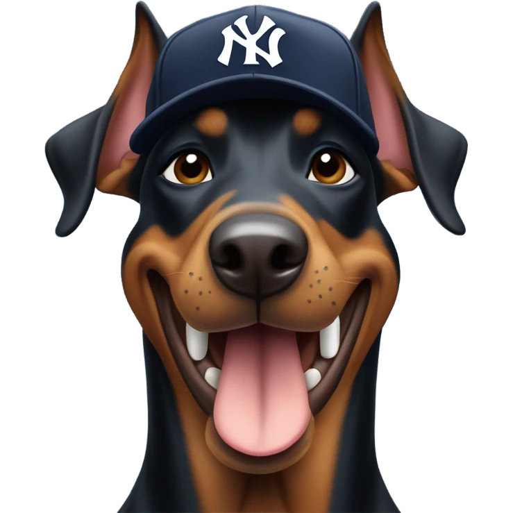 A furry doberman wearing a Yankees cap, winking and sticking out its tongue emoji
