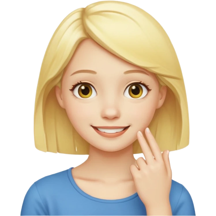 yellow smiling face girl with one hand flat under chin emoji