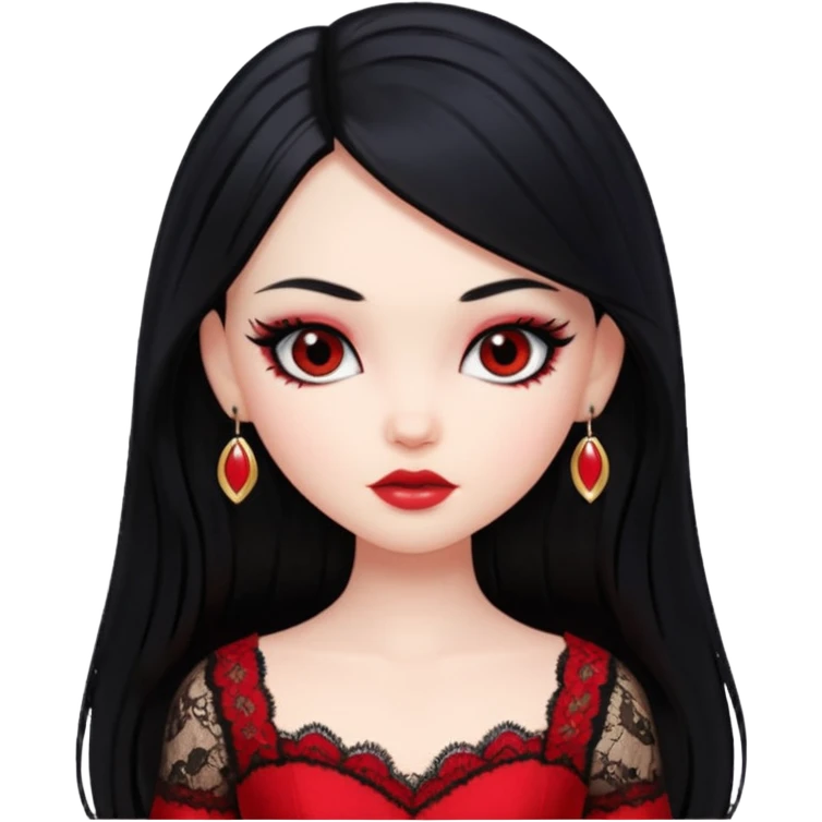 black hair, pretty, BLACK long black hair, pale skin, eyeliner, red lace clothes, bratz baddie emoji