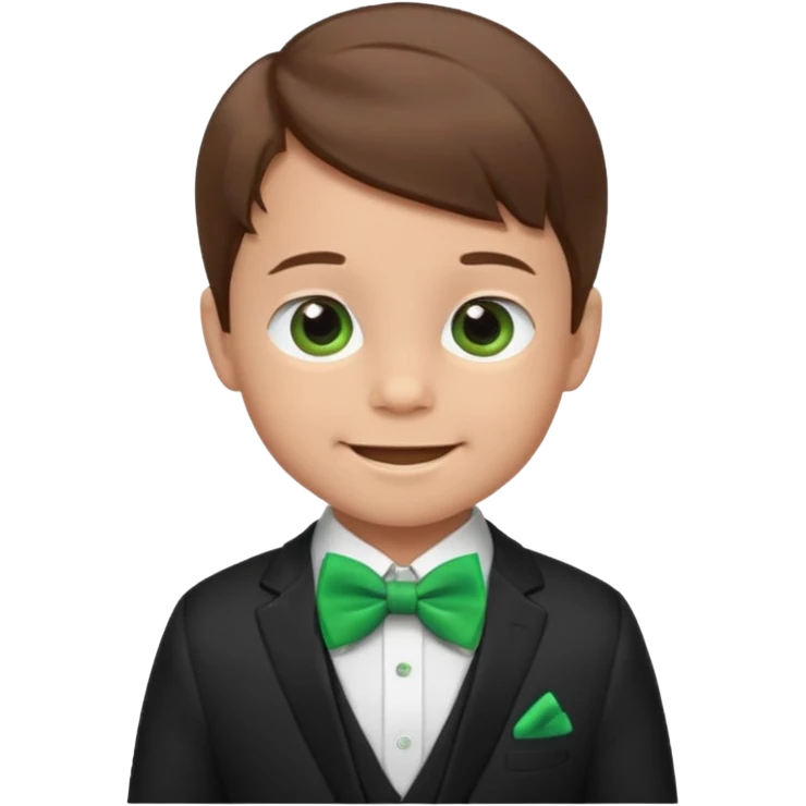 baby boy, brown hair in suit, with green bow, smile emoji