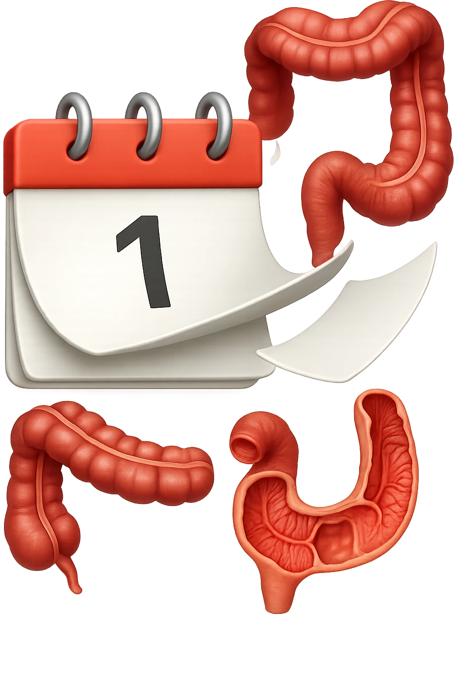 emoji stile iphone di un calendario con fogli che volano insieme a pezzi anatomici di colon umano, iperrealistico 4k, isolato su sfondo bianco emoji