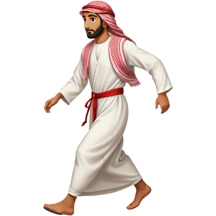 Arab man walking, traditional thobe and keffiyeh, mid-stride emoji