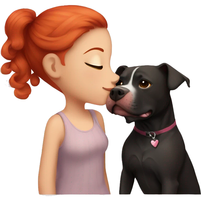 Girl with red hair kissing big black pitbull dog, pink hearts emoji