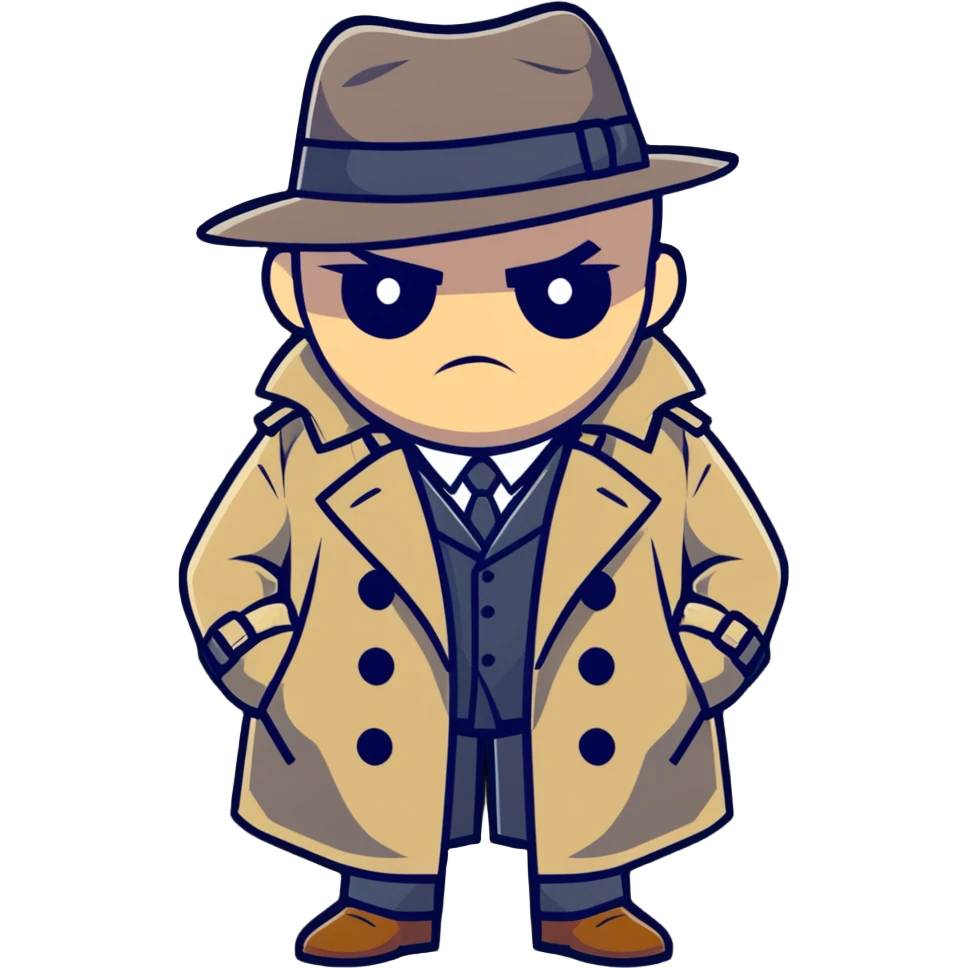 cartoonish spy Штирлиц in a trench coat and hat, looking serious emoji