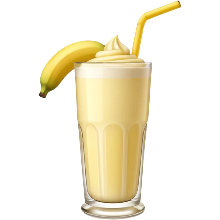 A 3D cartoon glass of banana shake, light yellow creamy texture, straw and banana slice garnish, glossy reflection, natural daylight, Memoji-style. emoji