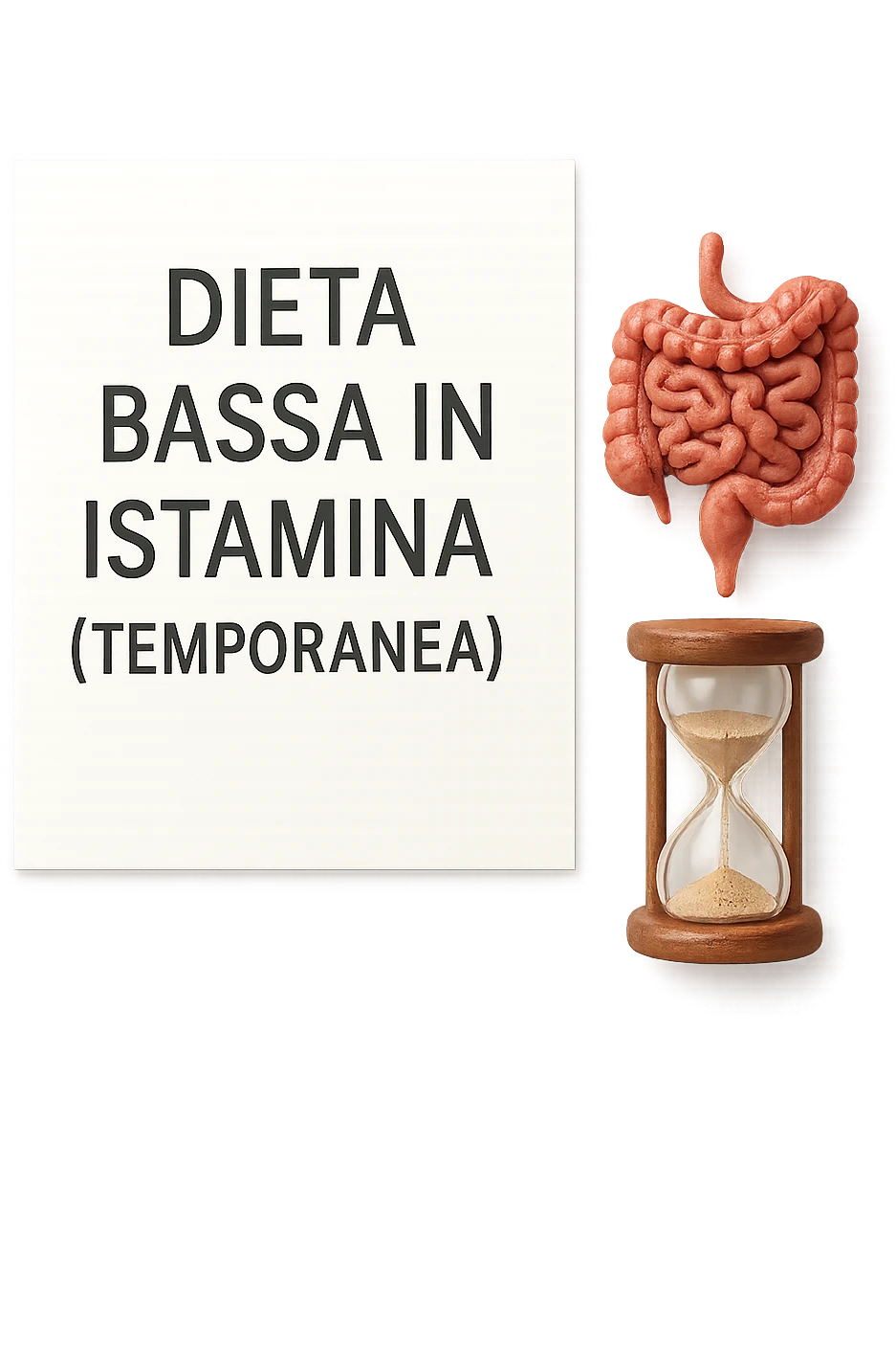 foglio di carta di una dieta con la scritta "DIETA BASSA IN ISTAMINA (TEMPORANEA), E ACCANTO CI METTI UN INTESTINO IN MINIATURA E UNA CLESSIDRA, iperrealistico 4k emoji