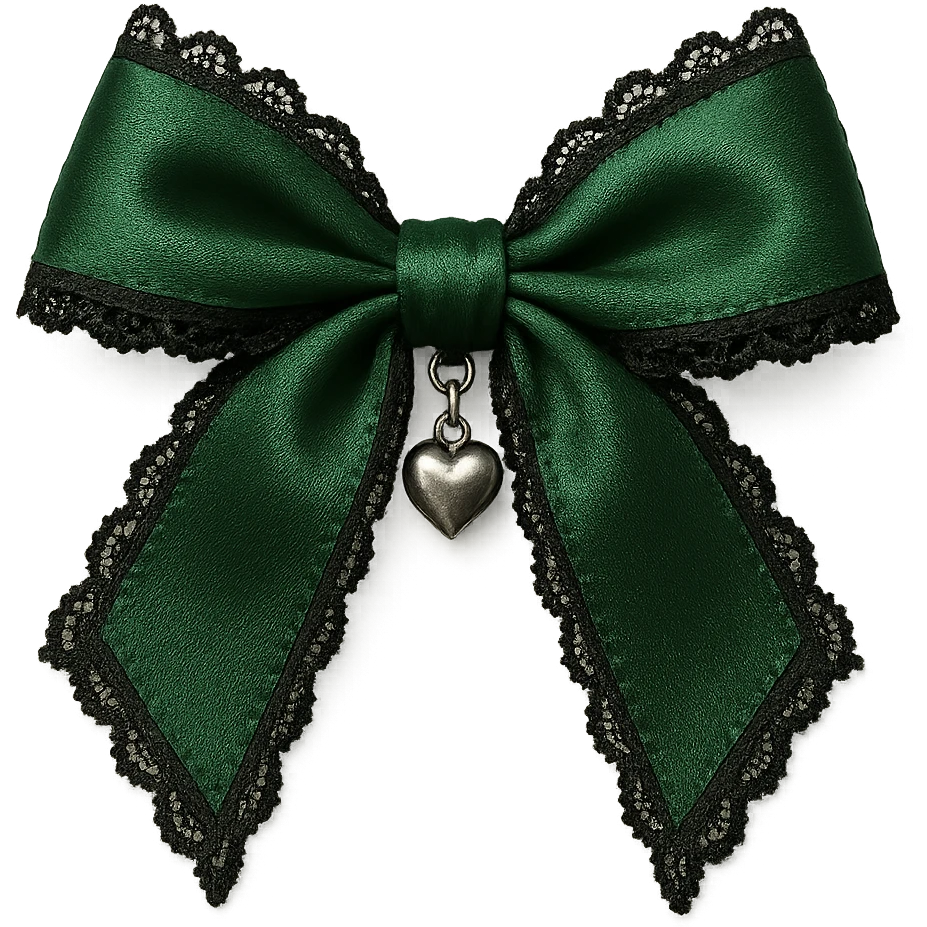 green gothic bow with black lace trim and heart charm, remove background emoji
