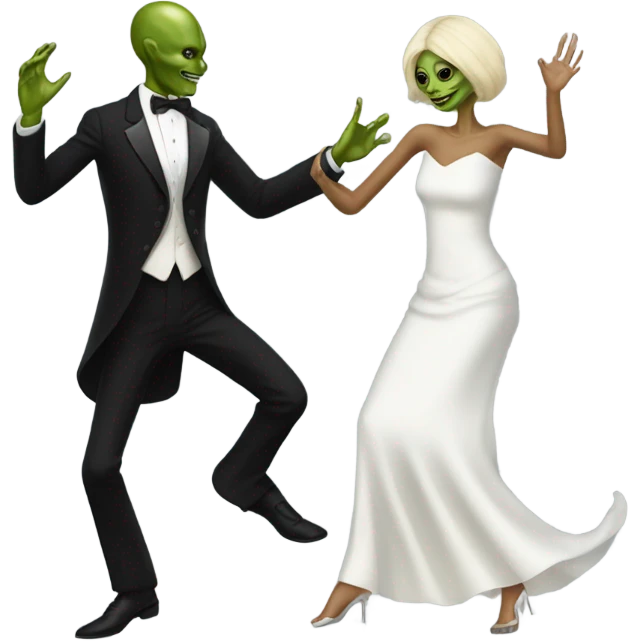  a Reptilian alien woman, in white dress, dance with a human man in frack emoji