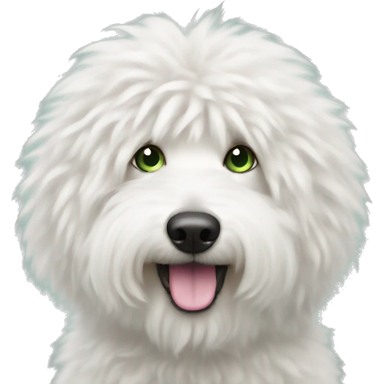 White fluffy doodle with greenish eyes and pink nose emoji