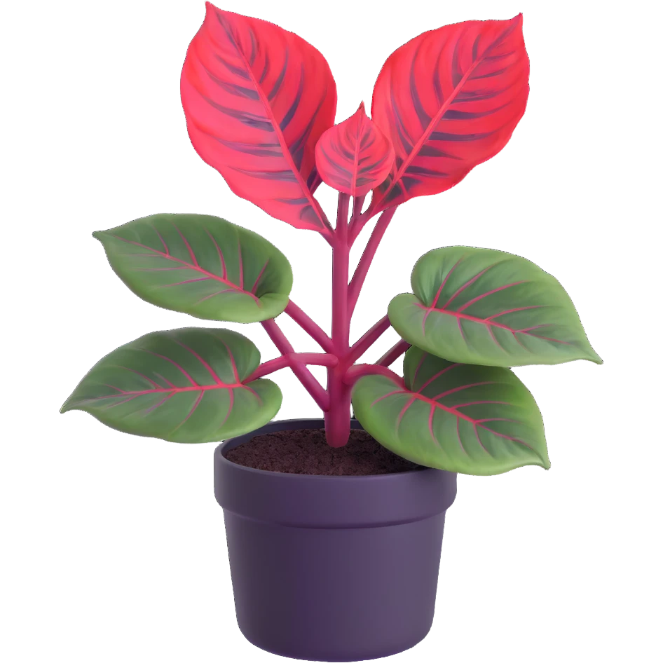 Alocasia azlanii (Red Mambo) plant with heart-shaped leaves in purple and dark green with red veins, in black ceramic pot emoji