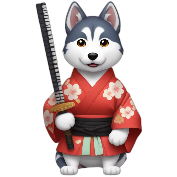 husky with a Japanese hat and a kimono holding a katana emoji