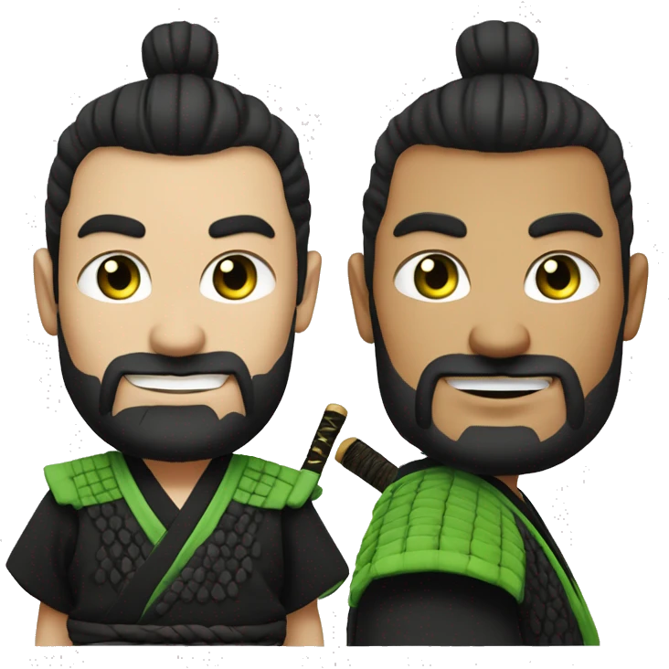white man with short beard and a "top knot" samurai style black hair. Plain black tshirt. green eyes. slightly smiling. emoji