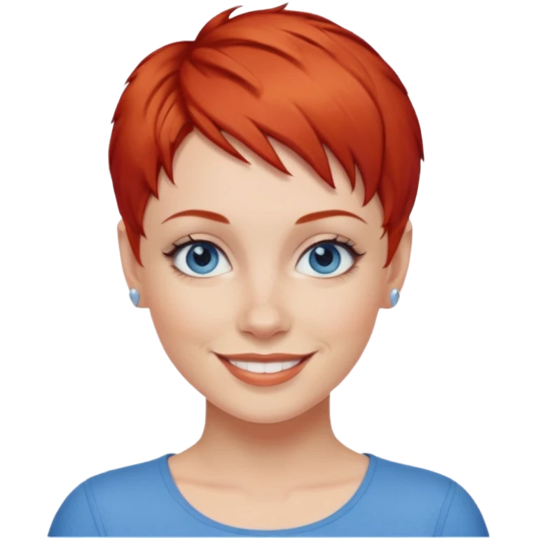 27 year old white woman, red hair, pixie cut, blue eyes emoji