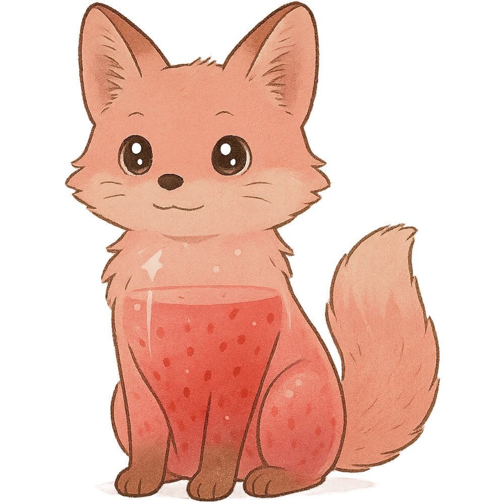 soft fluffy fox with a transparent body showing a strawberry smoothie inside, sparkling eyes, pastel pink, full-body emoji