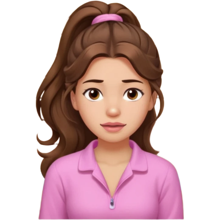 girl with wavy long ponytail brown hair, brown eyes, light to medium complexion, long lashes, light pink lipstick, wearing light pink shirt, in a sauna emoji