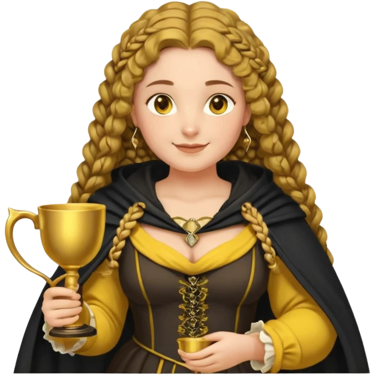 Helga Hufflepuff, 2 curly thick brown braids, yellow-black medieval dress, black cloak decorated with gold braiding, tiny two-handled shiny yellow-gold cup, very kind smile, curvy busty sweet woman, thick rosy cheeks emoji