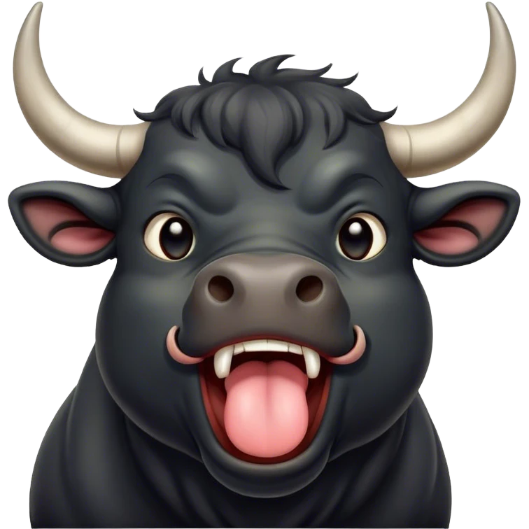 Cinematic Cute Yawning Black Bull Portrait Emoji, Head tilted slightly with a dramatic, wide-open yawn, showcasing a smooth, pure black hide with a subtle texture, floppy ears slightly drooping, round dark eyes barely open in drowsy contentment, Simplified yet irresistibly adorable features, highly detailed, glowing with a soft, cozy glow, high shine, relaxed yet expressive, stylized with a touch of rugged whimsy, bright and endearing, soft glowing outline, capturing the essence of a sleepy yet affectionate guardian, so drowsy it feels like it could charge right out of the screen and curl up for a nap! emoji