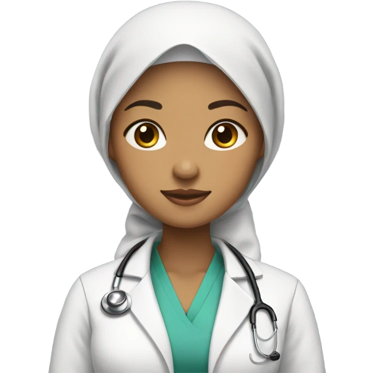 a woman wearing a hijab with light skin wearing a doctor's coat and a stethoscope around her neck emoji
