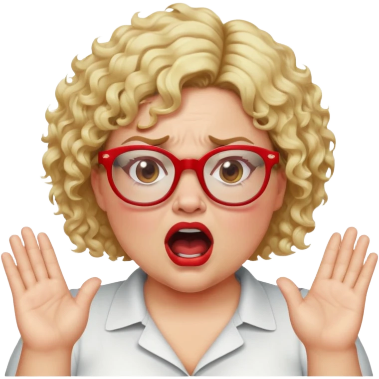 blonde woman with short curly hair, slightly overweight, wearing red-framed glasses, shouting with hands on sides of mouth, angry and proud expression emoji