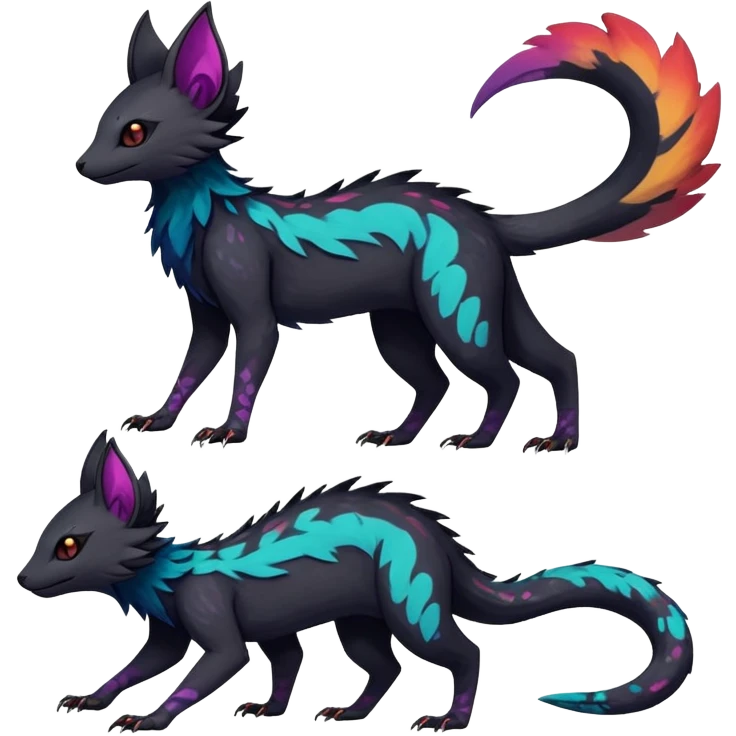Rare realistic exotic edgy dark gothic gloomy epic pretty beautiful handsome gorgeous aesthetic colorful vibrant Vernid-Trico-species-Fakemon-creature by LiLaiRa, 4 legs, 1 tail, random markings, (full body) emoji