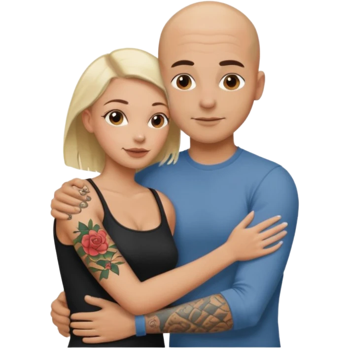 throuple tattooed sleeves bbald male with topless naked big boobed brunette and topless naked big boobed blonde girlfriends  loving  and sexy polygamy emoji