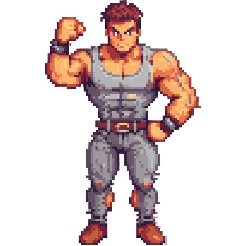 a tough brawler character, muscular, ready to fight, in a dynamic pose, pixel art style emoji