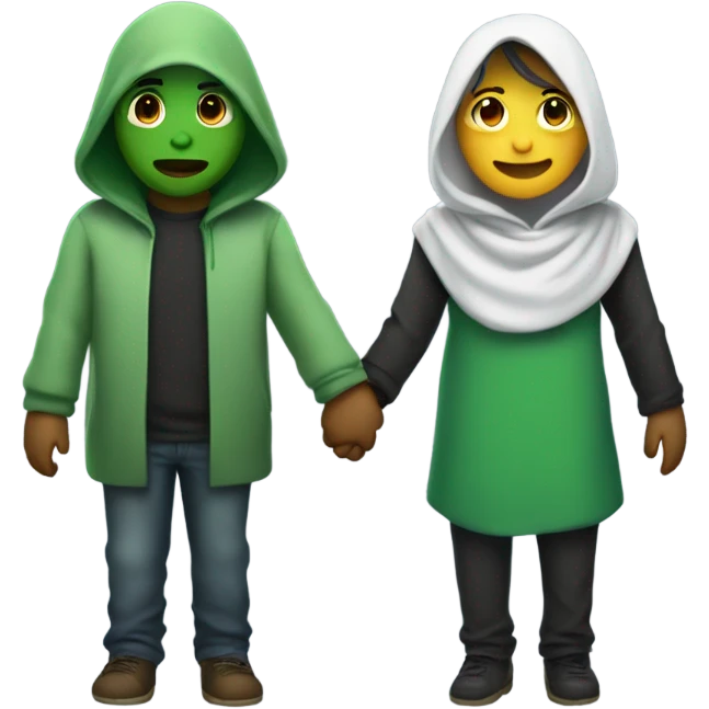 Hooded alian with green skin holding hands with a other person and looking away. 2 people in the picure emoji